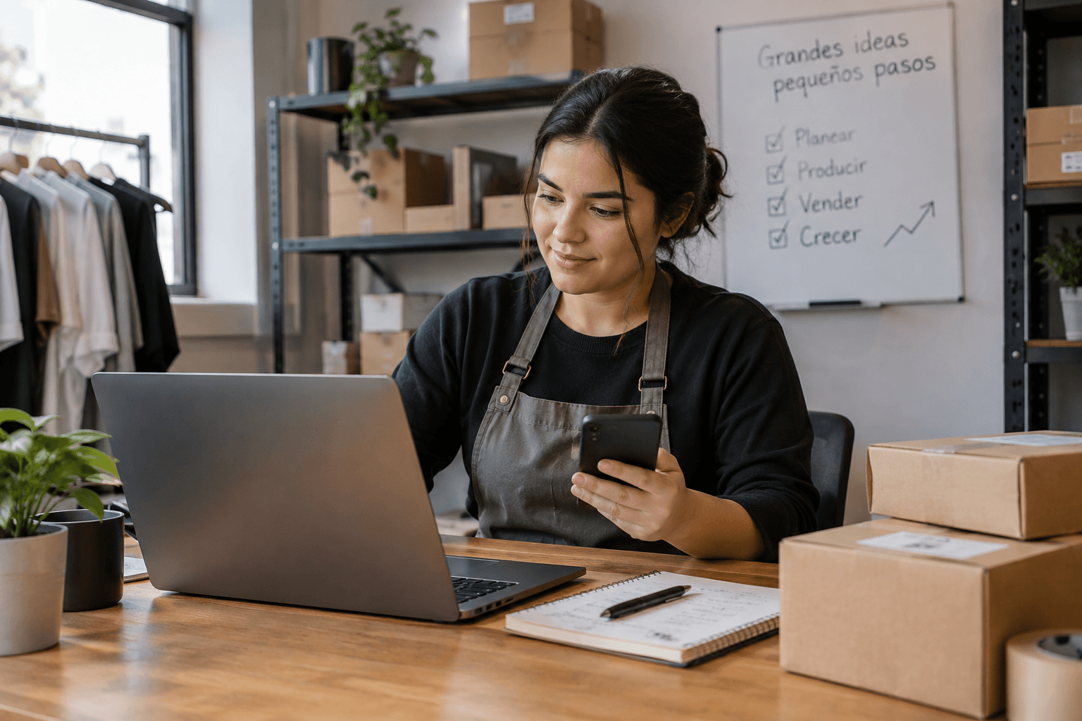 Dueña de negocio planeando el crecimiento de su tienda con laptop y celular